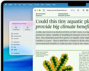 Gli Strumenti di scrittura di Apple Intelligence aiutano con la revisione di un articolo di scienze ambientali in Pages offrendo l’opzione per correggere o riscrivere in un tono diverso