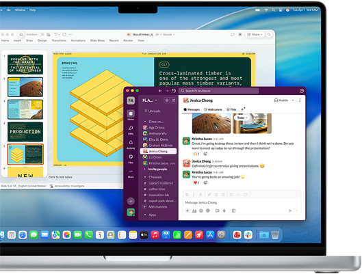 Una presentazione PowerPoint in una finestra e Slack in un’altra finestra sullo schermo di un MacBook Pro 16 pollici con M4