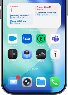 Schermata home dell’iPhone che mostra varie app per il lavoro e la produttività, con un programma dettagliato di impegni nel Calendario